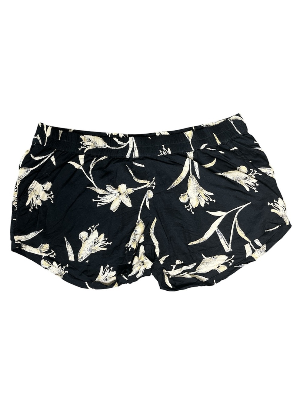 ONEILL Black Beige Floral Viscose Elastic Waist Shorts Pockets Womens Small S
